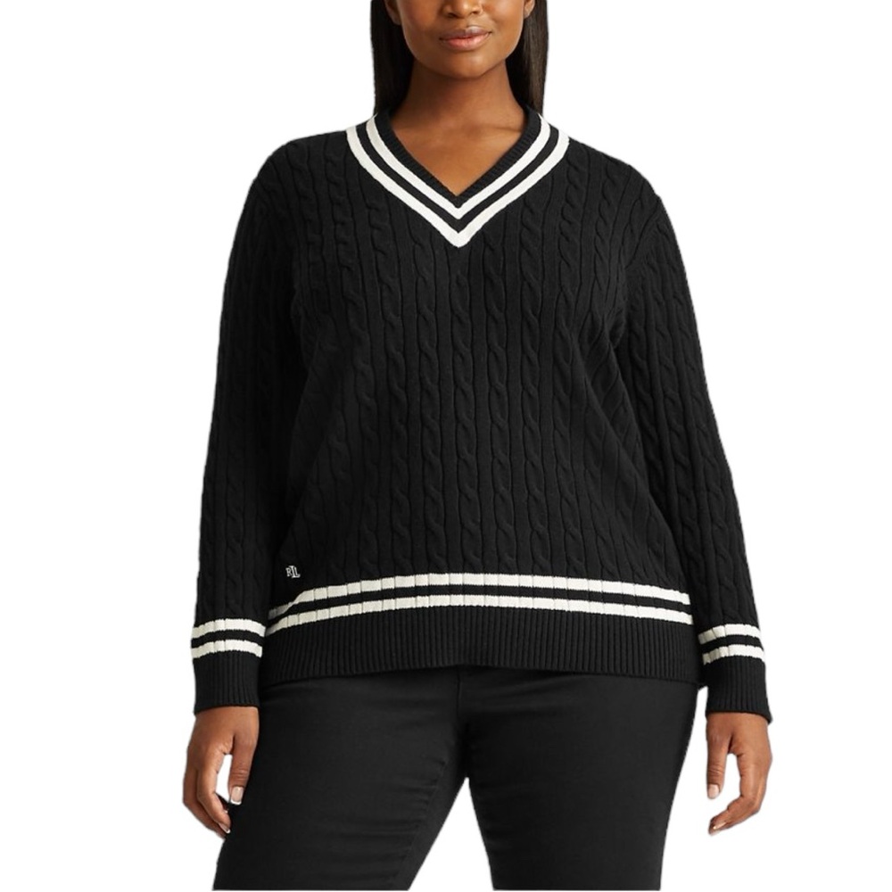 Lauren Ralph Lauren Black Cable-Knit V-Neck Sweater with White Stripe Trim